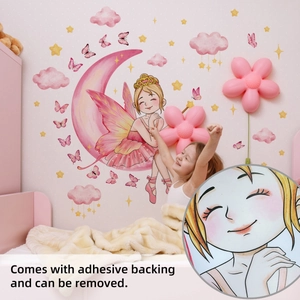 Stickers muraux fée avec nuages roses et papillons pour décoration chambre de fille