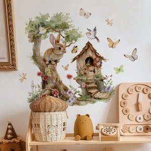 Detailed watercolor wall sticker featuring a brown bunny on a tree with a birdhouse