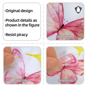Stickers papillon étanches en PET transparent montrant l'effet visuel des deux côtés