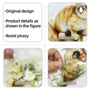 Waterproof hand-drawn stickers showing squirrel and floral patterns with front and back views