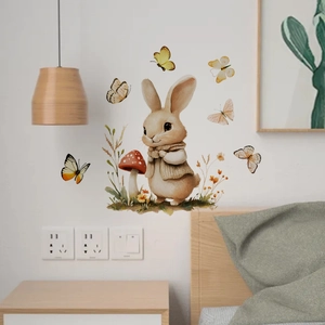 Detailed watercolor rabbit wall sticker with mushrooms and colorful butterflies