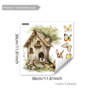 Detailed sheet view of Easter bunny and forest treehouse wall sticker measuring 30x30cm