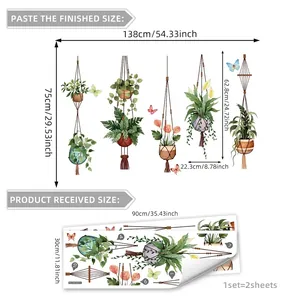 Watercolor hanging plant wall decals with butterflies, finished size 138x75cm