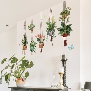Potted green plant wall stickers with hanging baskets and butterfly decor for home living room