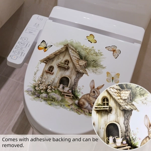 Detail of Easter bunny and cottage toilet sticker with adhesive backing and easy removal