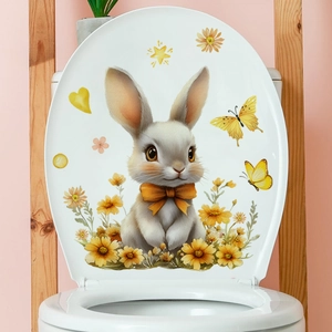Easter bunny wall sticker with daisies and butterfly on a white toilet lid cover