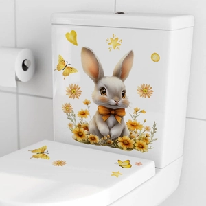 Detailed toilet sticker set featuring a cartoon rabbit with yellow daisies and butterflies