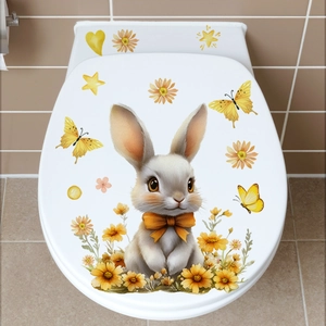 Detail of waterproof toilet lid sticker with cute Easter bunny and yellow sunflowers