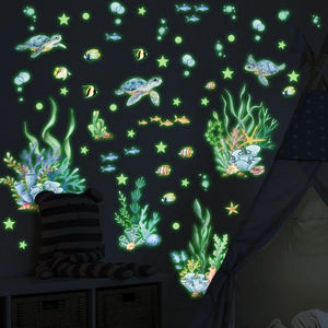 Glow in the dark ocean wall decals with sea turtles and stars for kids room decor