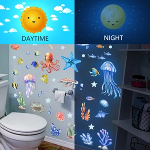 Glow In The Dark Ocean Animal Wall Stickers Waterproof PVC Whale Jellyfish Turtle Starfish Decor For Kids Bedroom Bathroom