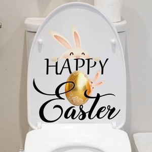 Detailed view of Happy Easter toilet lid decal with cute rabbits and a golden egg