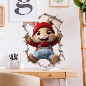 3D cartoon bunny wall decal emerging from broken wall for bathroom home decor