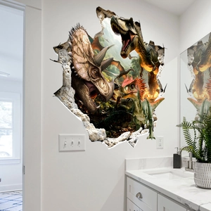 Detaillierter 3D Dinosaurier Wandtattoo zeigt T-Rex und Triceratops beim Durchbruch der Wand