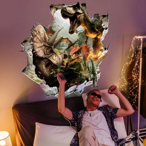 3D-Dinosaurier-Wandaufkleber mit T-Rex und Triceratops im realistischen Wanddurchbruch-Stil