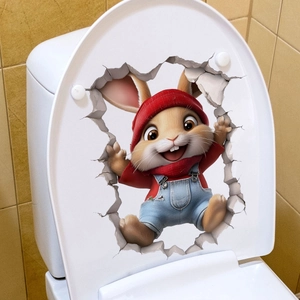 3D Easter cartoon rabbit wall sticker with realistic broken hole effect on toilet lid