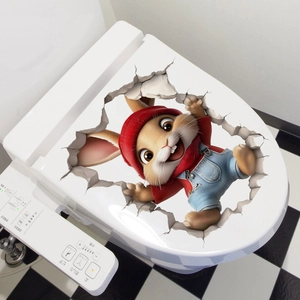 3D Easter bunny decal with red hoodie on toilet lid for creative bathroom decoration