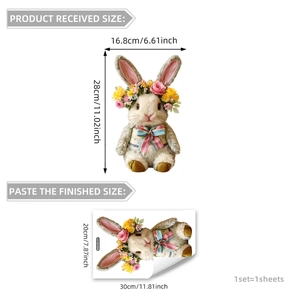 Easter bunny wall sticker with floral wreath and striped bow for bathroom decoration
