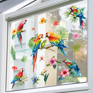 Stickers de fenêtre perroquets tropicaux avec hibiscus et fleurs de paradis sur verre