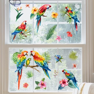 Stickers électrostatiques tropicaux avec perroquets et fleurs pour fenêtres