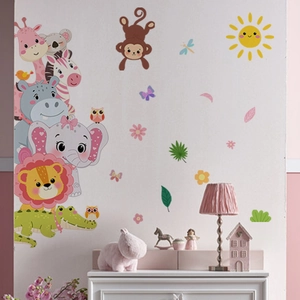 Cartoon jungle animals wall stickers set with lion elephant giraffe for nursery decor