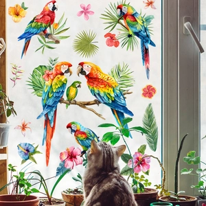 Stickers électrostatiques de perroquets tropicaux et fleurs sur fenêtre de maison
