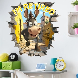 3D cartoon donkey wall sticker with I'M RETIRED slogan for creative home decoration