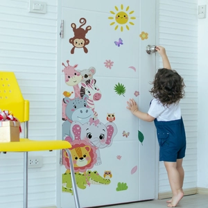 Cartoon animal wall stickers featuring lion and elephant for kids room door decor