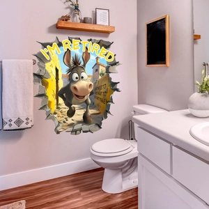 Sticker mural 3D avec un âne rigolo et texte I'M RETIRED pour décor de salle de bain