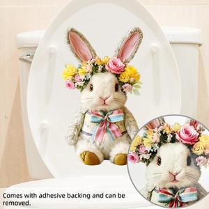 Detail of Easter bunny toilet sticker with flower crown and easy-to-remove adhesive backing