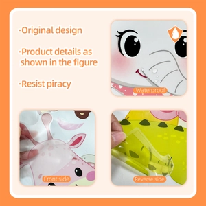 Detail of waterproof cartoon animal stickers featuring giraffe and elephant designs