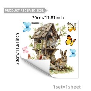 Detail of waterproof PVC Easter wall stickers featuring cartoon rabbits and birds