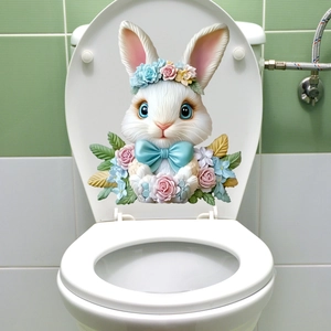 Detail of 3D Easter bunny toilet sticker with floral wreath and blue bow decoration