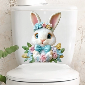 3D realistic bunny decal with floral wreath applied on a white toilet tank surface