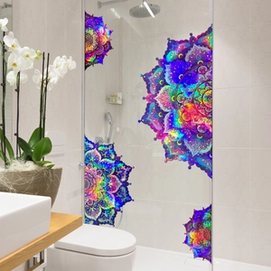 Rainbow mandala wall stickers with laser gradient effect on glass shower door