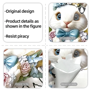 Detail view of waterproof Easter bunny sticker with floral wreath and adhesive backing