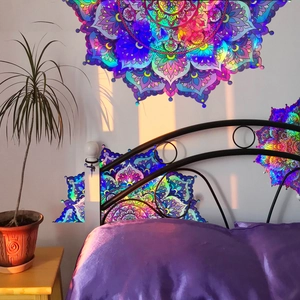 Rainbow gradient mandala wall sticker with laser iridescent finish for bedroom decor