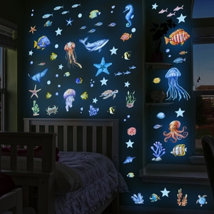 Luminous ocean animal wall stickers with whale and sea turtle for kids room glowing decor
