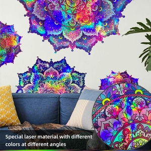 Macro detail of holographic mandala wall sticker showing color shift from laser material