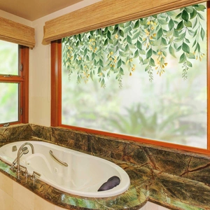 Creative hanging green vine and yellow flower window stickers for bathroom glass decor
