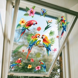 Stickers de fenêtre tropicaux avec perroquets colorés et fleurs exotiques vibrantes
