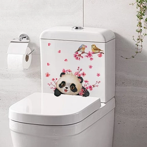 Detailed view of waterproof panda and cherry blossom wall stickers on a bathroom toilet tank