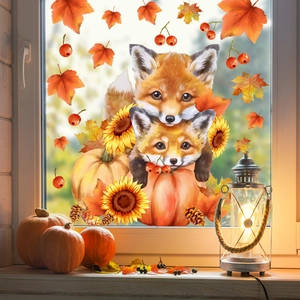 Autumn window stickers set with cute fox, pumpkin, sunflower and maple leaves decoration