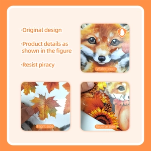 Detail of waterproof autumn window stickers featuring foxes and maple leaves on glass