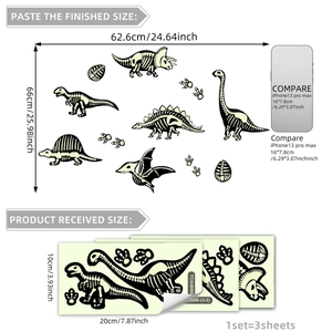 Luminous dinosaur skeleton wall stickers set for children's room decor with footprints
