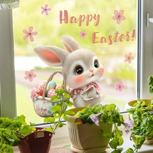 Adesivo per finestre con coniglietto di Pasqua, uova e fiori su sfondo di vetro chiaro
