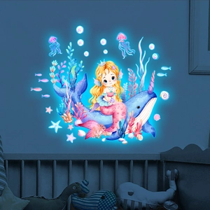 Stickers muraux sirène lumineuse et narval pour déco de chambre d'enfant océanique