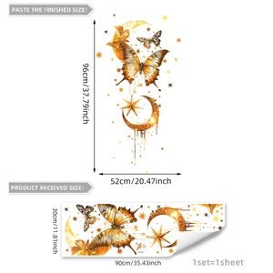 Golden moon, butterflies and stars wall decals set measuring 96x52cm for home decor