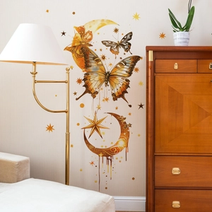 Golden butterfly and moon wall stickers set for living room and bedroom home decor