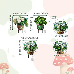 Set of 3 creative 2D painted plant garden stakes with detailed dimensions and specs