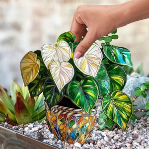 Artistic heart-shaped stained glass style plant stakes for garden and patio decor